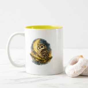 Mystical Watercolor Owl and Golden Crescent Moon Two-Tone Coffee Mug