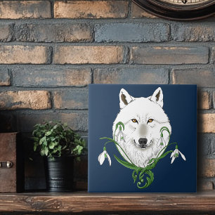 Mystical White Arctic Wolf Winter Snowdrop Blue Ceramic Tile