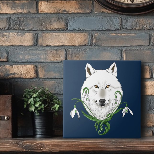 Mystical White Arctic Wolf Winter Snowdrop Blue Ceramic Tile (Creator Uploaded)