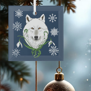 Mystical White Arctic Wolf Winter Snowdrop Blue Glass Tree Decoration