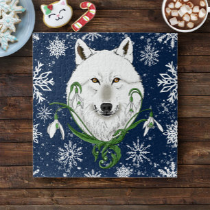 Mystical White Arctic Wolf Winter Snowdrop Blue Jigsaw Puzzle