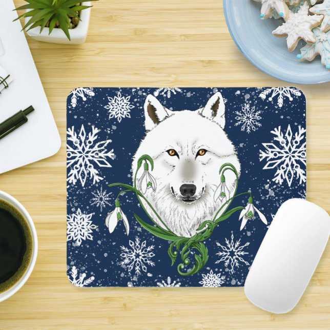 Mystical White Arctic Wolf Winter Snowdrop Blue Mouse Pad (Creator Uploaded)