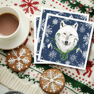 Mystical White Arctic Wolf Winter Snowdrop Blue Napkin