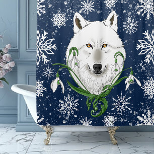 Mystical White Arctic Wolf Winter Snowdrop Blue Shower Curtain