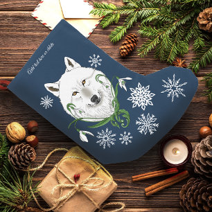Mystical White Arctic Wolf Winter Snowdrop Blue Small Christmas Stocking