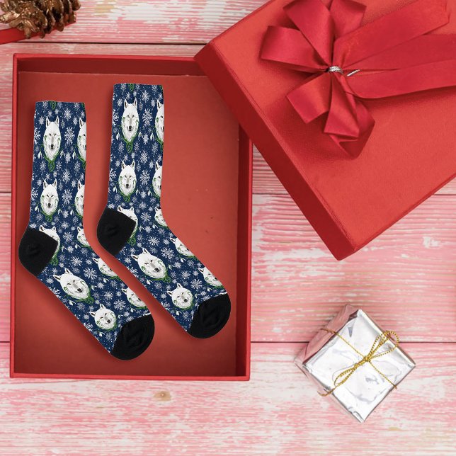 Mystical White Arctic Wolf Winter Snowdrop Blue Socks (Creator Uploaded)