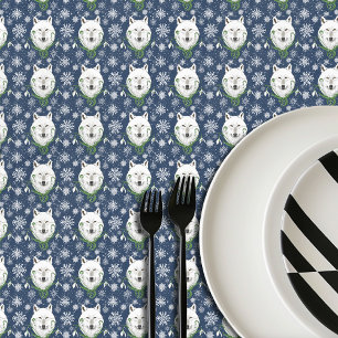 Mystical White Arctic Wolf Winter Snowdrop Blue Tablecloth