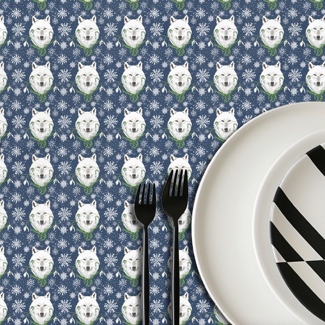 Mystical White Arctic Wolf Winter Snowdrop Blue Tablecloth (Creator Uploaded)
