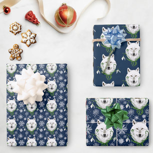 Mystical White Arctic Wolf Winter Snowdrop Blue Wrapping Paper Sheet