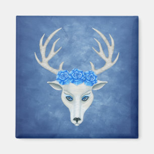 Mystical White Deer Head Big Antlers Blue Roses Magnet