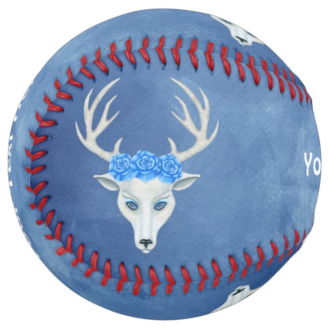 Mystical White Deer Head Big Antlers Roses Blue Softball (Front Left)