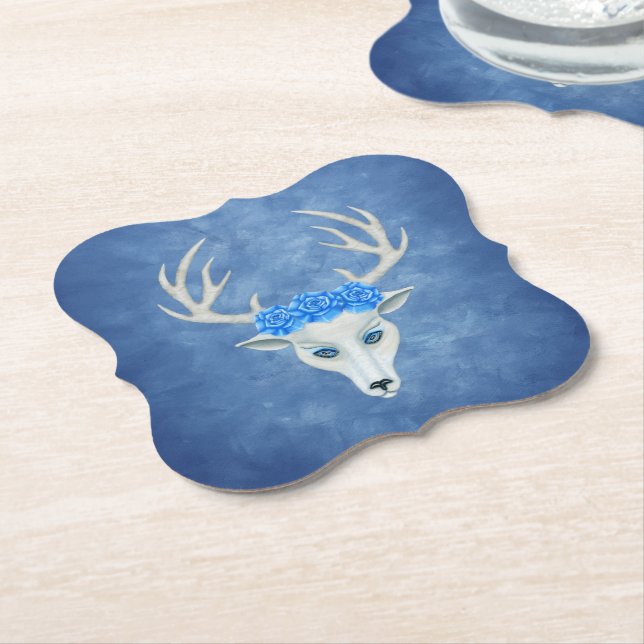 Mystical White Deer Head Blue Eyes Roses Antlers Paper Coaster (Angled)