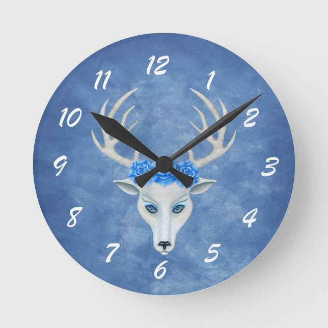 Mystical White Deer Head Blue Eyes Roses on Head Round Clock (Front)