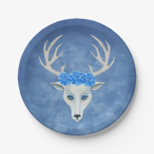 Mystical White Deer Head on Blue Wearing Roses Paper Plate