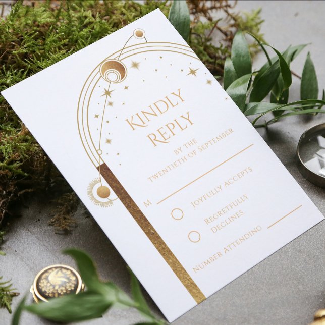 Mystical White Gold Celestial Wedding RSVP Card (Creator Uploaded)