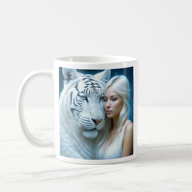 Mystical White Tiger and Beautiful Woman  Coffee Mug (Left)