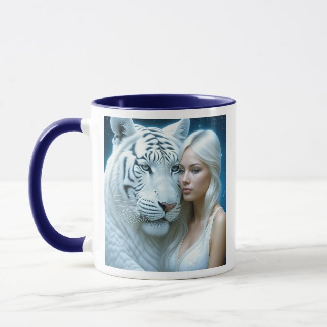Mystical White Tiger and Beautiful Woman  Mug (Left)