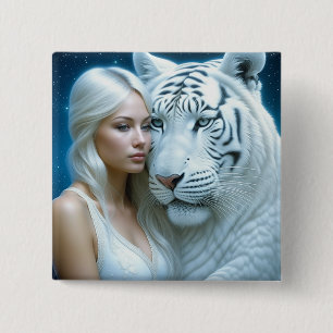 Mystical White Tiger and Woman 15 Cm Square Badge