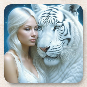 Mystical White Tiger and Woman Magical  Coaster