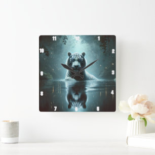 Mystical White Tiger Forest Timepiece Square Wall Clock