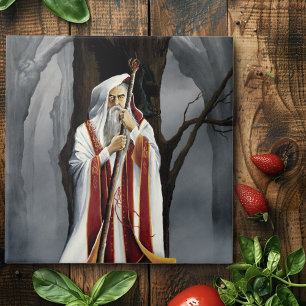 Mystical White Wizard Raven Oak Tree Fantasy Ceramic Tile