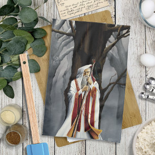 Mystical White Wizard Raven Oak Tree Fantasy Tea Towel
