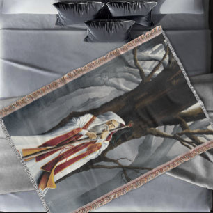 Mystical White Wizard Raven Oak Tree Fantasy Throw Blanket