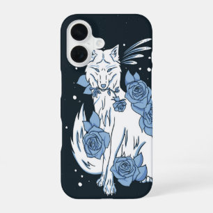 Mystical White Wolf & Blue Roses iPhone 16 Case