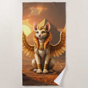 Mystical Winged Cat Sphinx – Egyptian Fantasy Art. Beach Towel