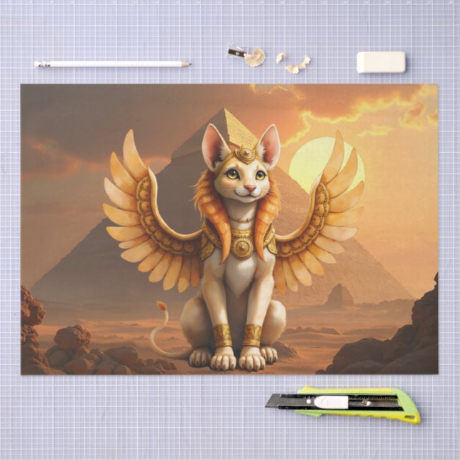 Mystical Winged Cat Sphinx – Egyptian Fantasy Art. Tissue Paper (Craft)