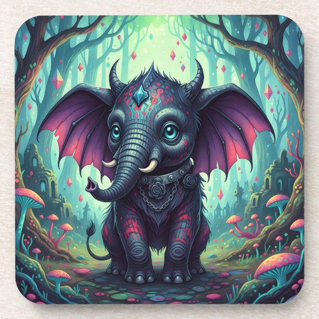 Mystical Winged Elephant in Enchanted Forest  Coaster (Front)
