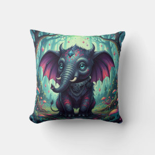 Mystical Winged Elephant in Enchanted Forest Cushion