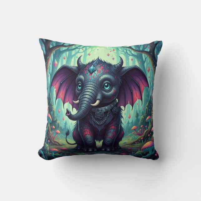 Mystical Winged Elephant in Enchanted Forest  Cushion (Front)