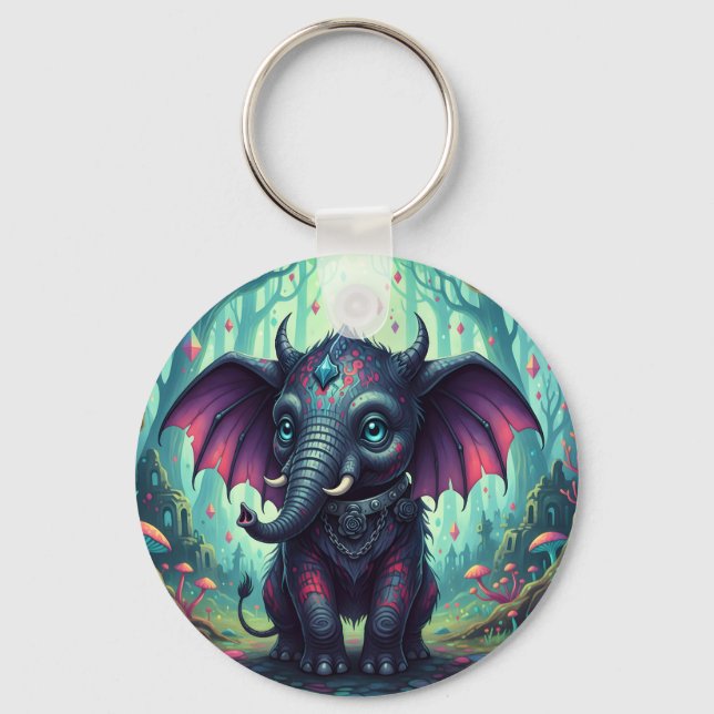Mystical Winged Elephant in Enchanted Forest  Key Ring (Front)