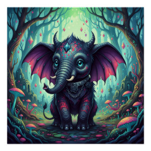 Mystical Winged Elephant in Enchanted Forest Poster