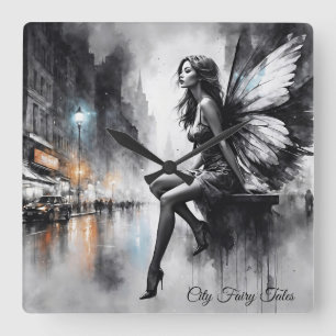 Mystical winged girl black and white urban square wall clock