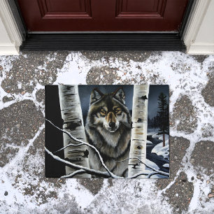 Mystical Winter Alpha Wolf Birch Forest Wildlife Doormat