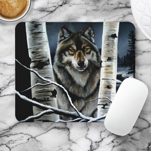 Mystical Winter Alpha Wolf Birch Forest Wildlife Mouse Pad (Creator Uploaded)