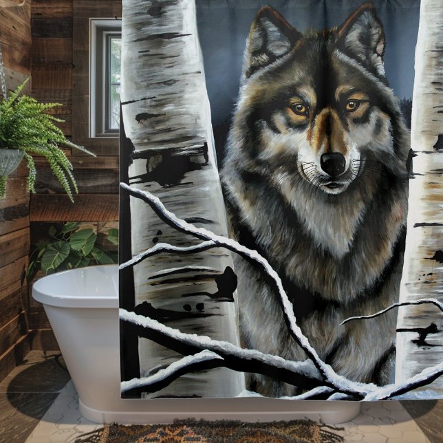 Mystical Winter Alpha Wolf Birch Forest Wildlife Shower Curtain (Creator Uploaded)