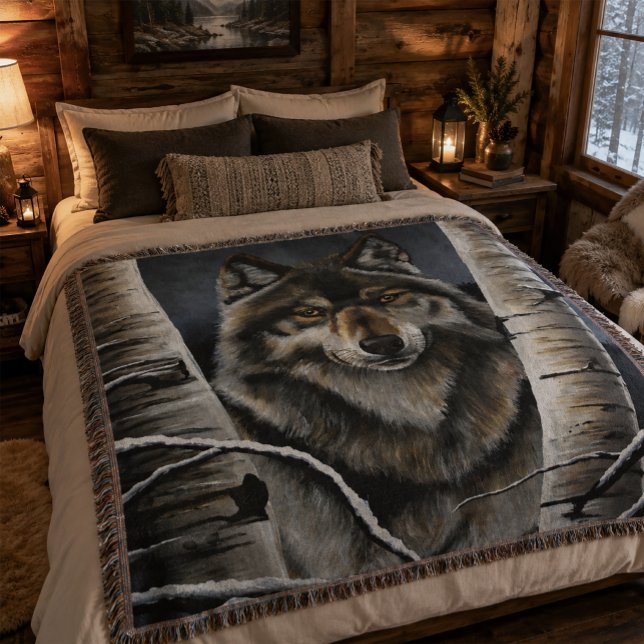 Mystical Winter Alpha Wolf Birch Forest Wildlife Throw Blanket (Creator Uploaded)