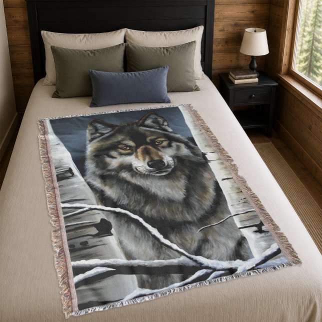 Mystical Winter Alpha Wolf Birch Forest Wildlife Throw Blanket (Creator Uploaded)