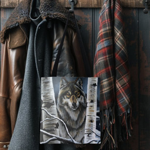 Mystical Winter Alpha Wolf Birch Forest Wildlife Tote Bag