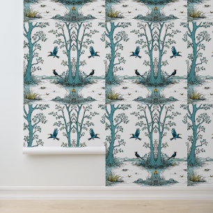 Mystical Winter Creek with Black Birds - Nature Wallpaper