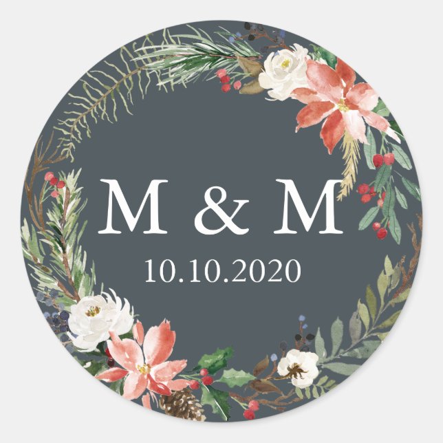 Mystical Winter |  Wedding wreath Monogram Classic Round Sticker (Front)