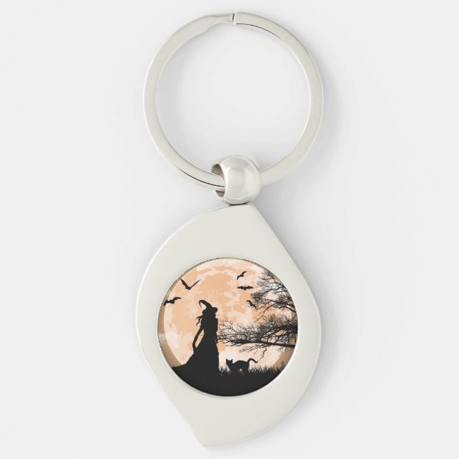 Mystical Witch, Black Cat, Full Moon Key Ring (Front)