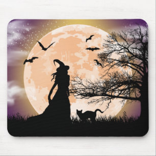 Mystical Witch, Black Cat, Full Moon Mouse Pad