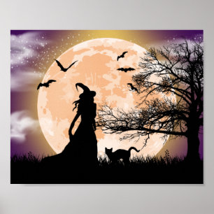 Mystical Witch, Black Cat, Full Moon Poster