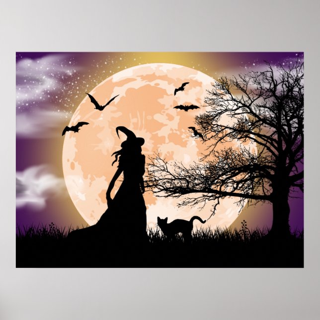 Mystical Witch, Black Cat, Full Moon Poster (Front)