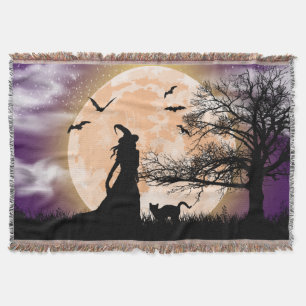 Mystical Witch, Black Cat, Full Moon Throw Blanket
