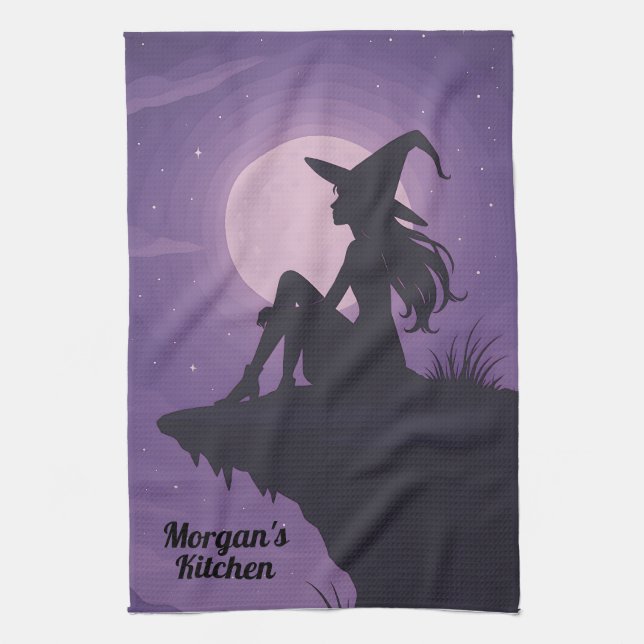 Mystical Witch Silhouette Under Moonlight Gift Tea Towel (Vertical)